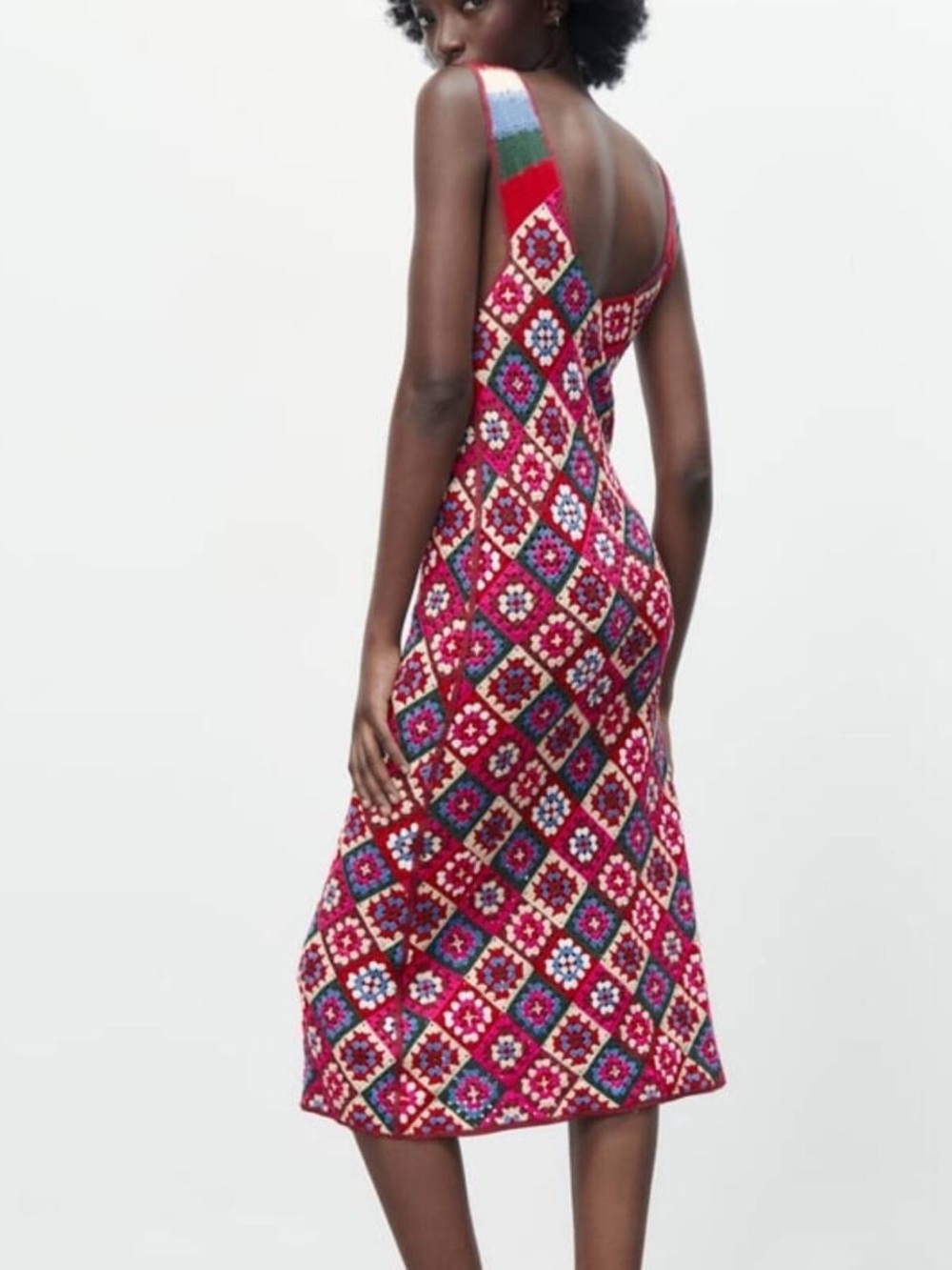 ZARA Patchwork Crochet Granny Square Midi Dress V-Neck Multicolor Size M - Picture 2 of 5